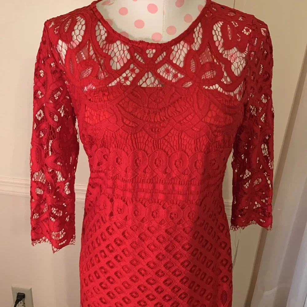 Just Taylor Elegant Red Lace Dress Sz 4 NEW Gorgeous body lined Sheer neck/Arms